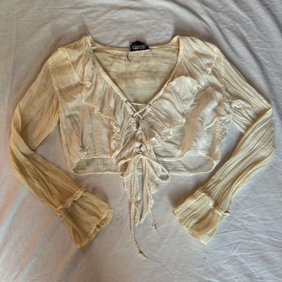 Sold! - Lace-Up Ruffle Trim Long Sleeve Cropped Blouse - Picture 1 of 3